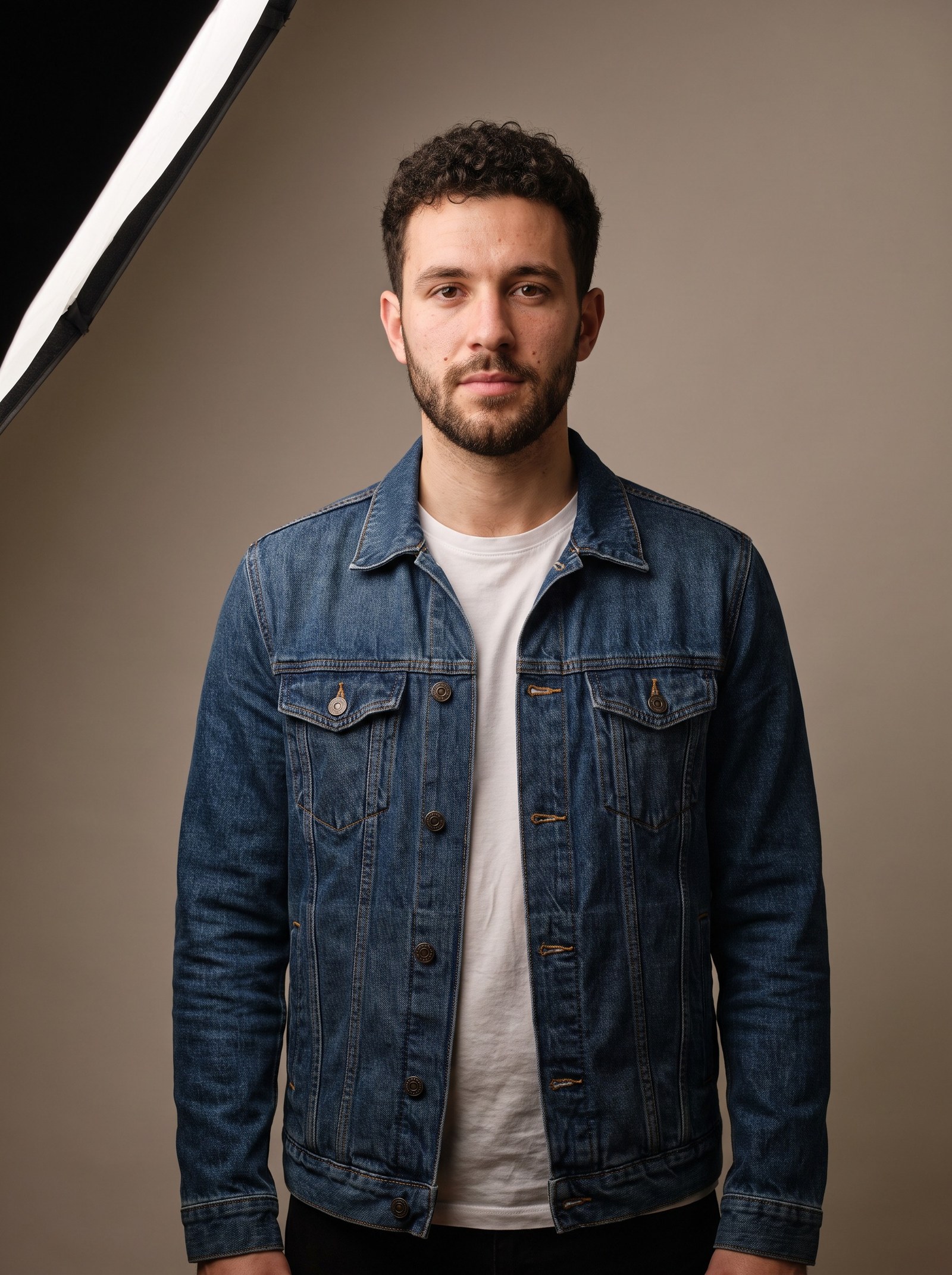 A man with short dark curly hair and a trimmed beard in an indigo denim jacket over a white t-shirt, standing square to the camera in a photo studio, a softbox at the left edge of frame and a plain warm-grey backdrop behind him