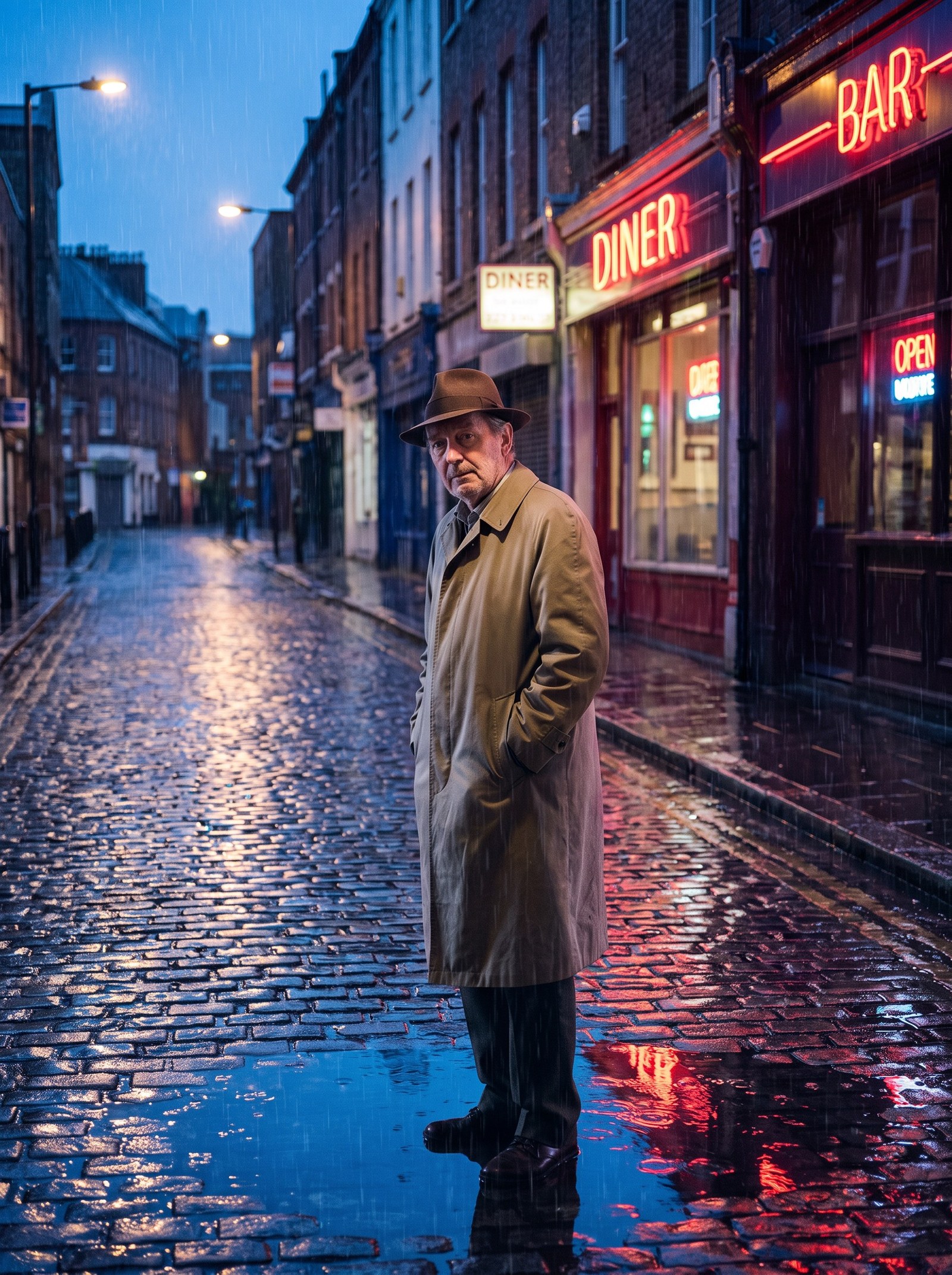 The same man, same coat, same hat and the same hands-in-pockets stance, now standing on a rain-wet cobbled street at dusk with neon shopfront signs reflected in the puddles around him