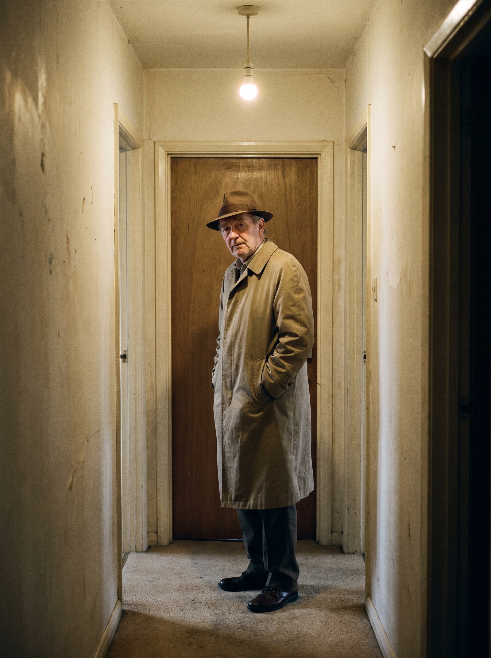 A man in a tan trench coat and brown fedora standing on beige carpet in a narrow domestic hallway, lit by one bare overhead bulb — the photo he uploaded