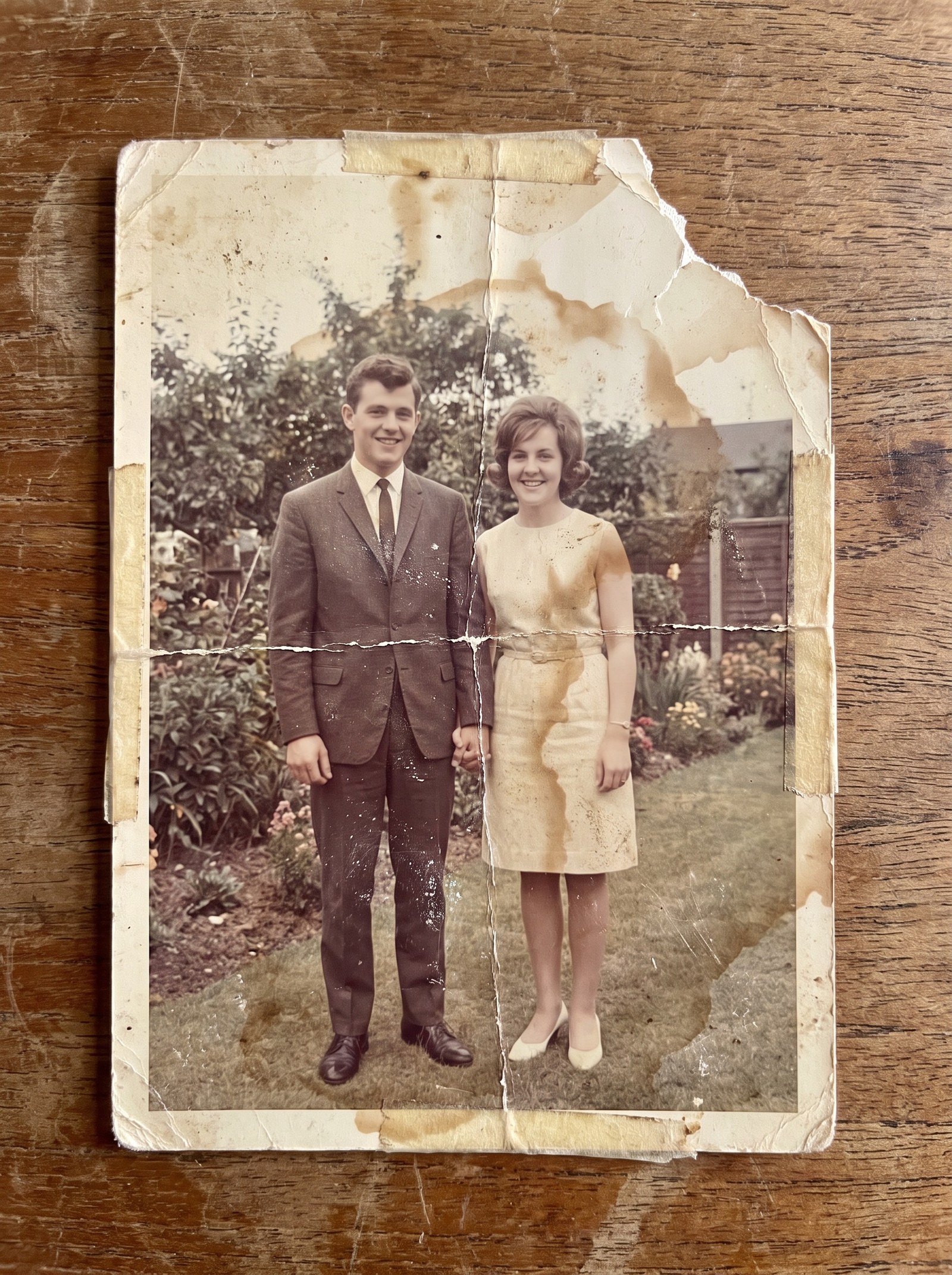 A creased, torn and water-stained 1960s colour photograph of a young couple in a garden, taped at the corners — the damaged original