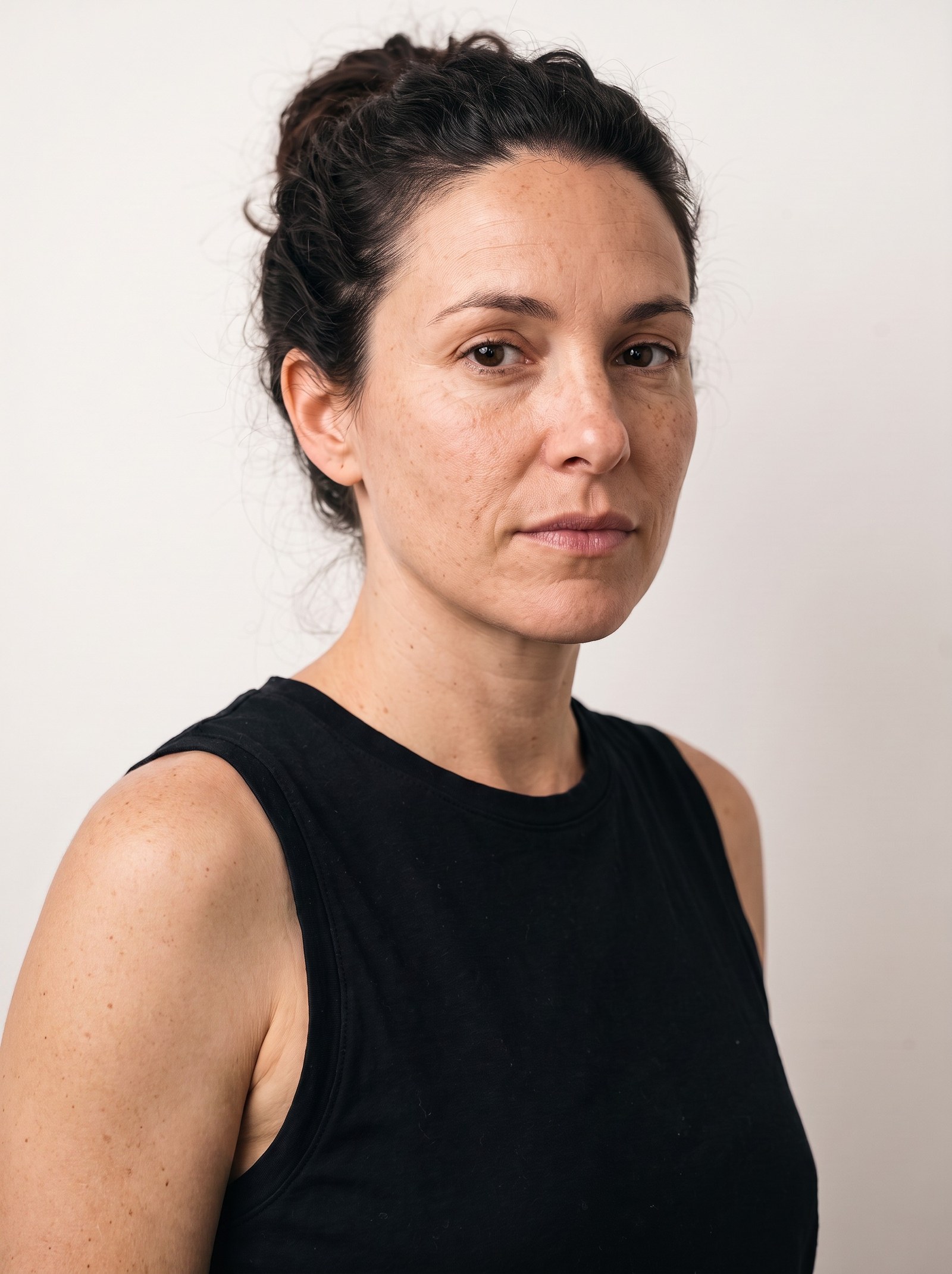 The same woman, top, wall and light after the skin pass: the tattoo is gone and the bare skin keeps its own texture — pores, moles and natural tone variation — with no smoothing or blur where the ink was