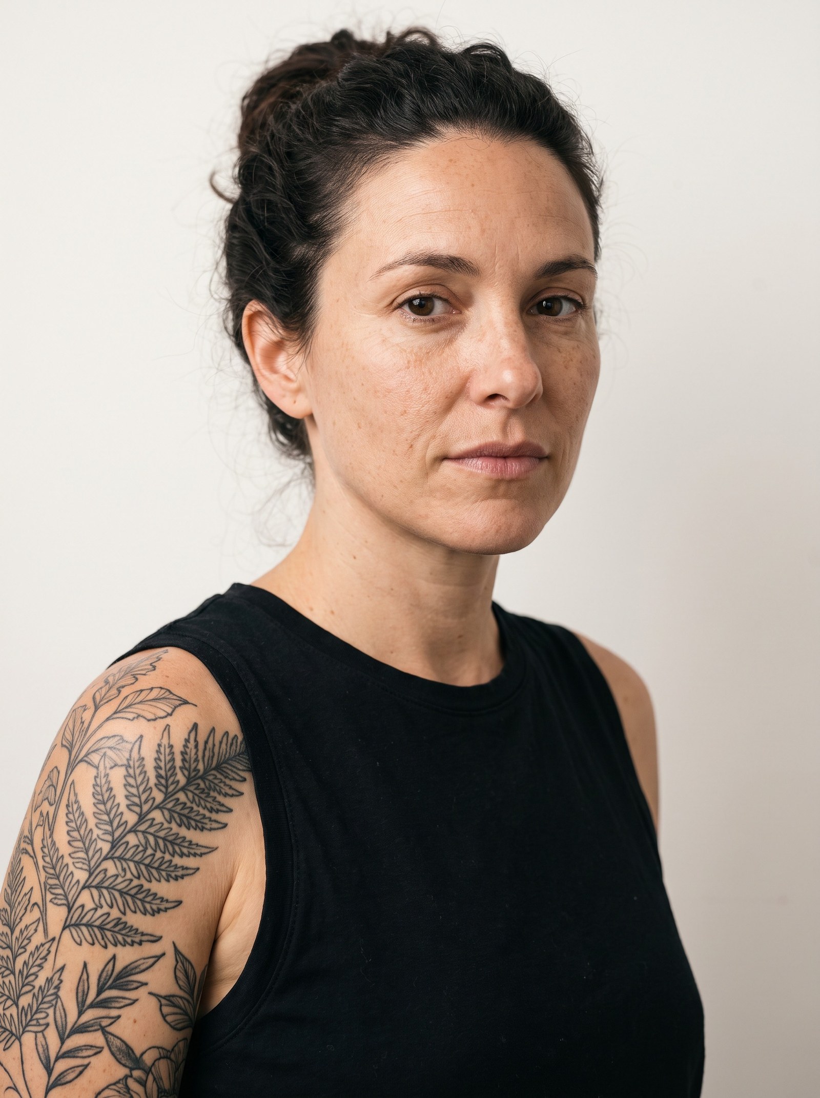 A woman with dark hair tied back, in a sleeveless black top against a pale studio wall, a large botanical line-work tattoo covering her left shoulder and upper arm