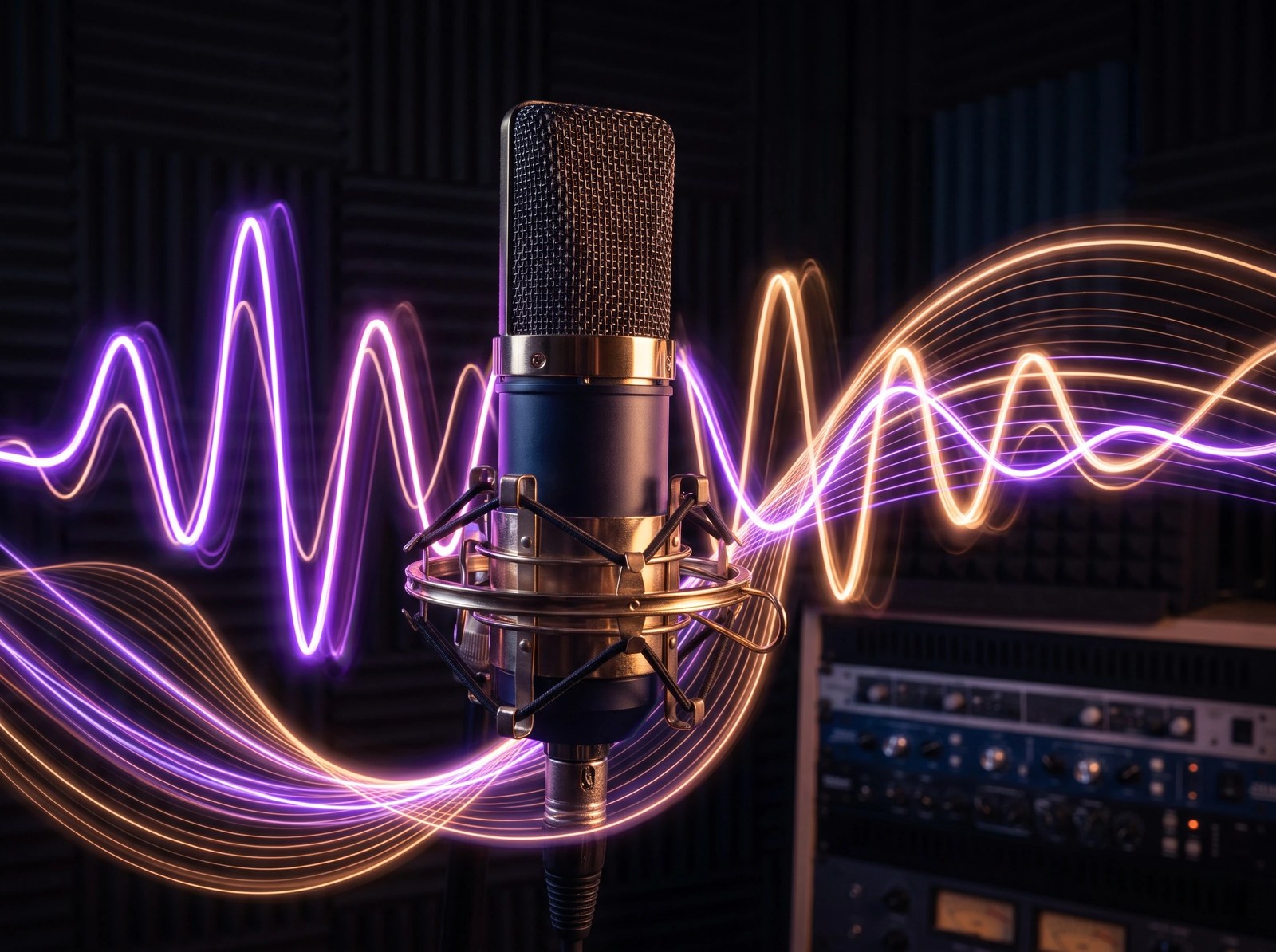 A studio condenser microphone in a shock mount inside an acoustic-foam booth, with glowing purple and gold audio waveforms streaming past it and a rack of outboard gear behind