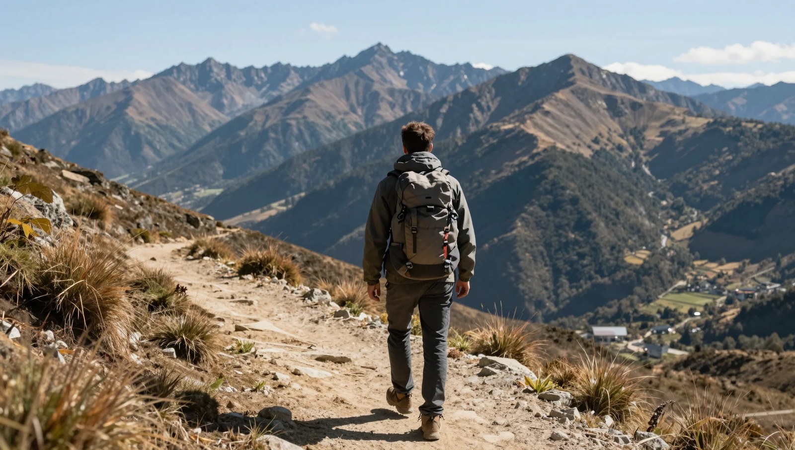 A hiker with a grey backpack walking away along a stony ridge trail, a deep valley and a line of bare brown peaks under a clear sky beyond — an AI-generated picture, the kind this check is asked to rule on