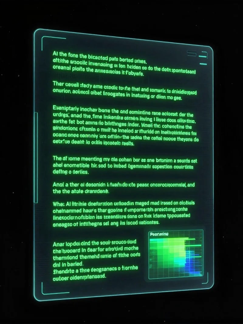 Illustration: a glowing translucent panel tilted in dark space, its paragraphs of unreadable text lit green, with a small colour-graded grid at the lower corner