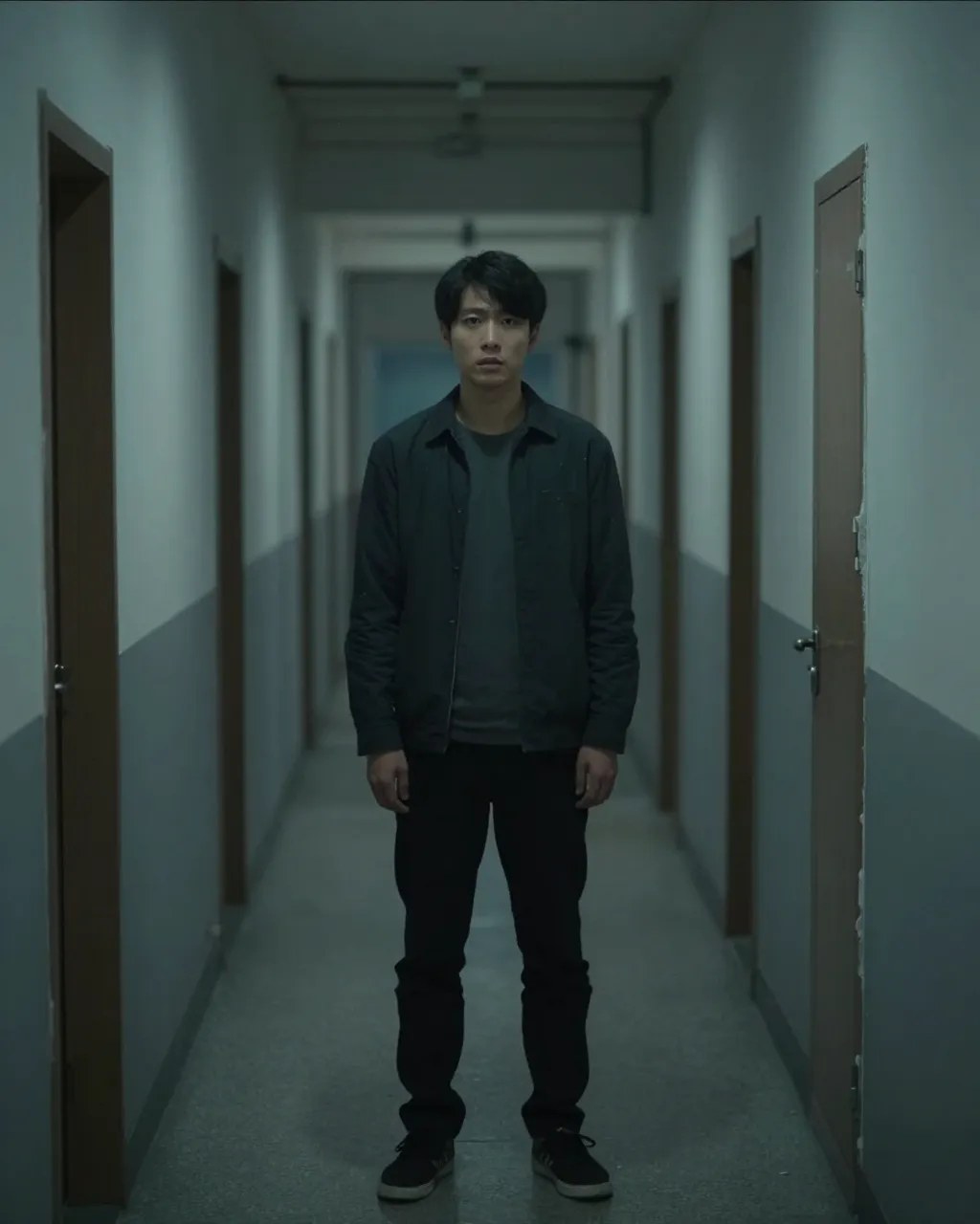 A young man in a dark jacket standing alone at the end of a dim institutional corridor, doors receding on both sides under cold overhead light
