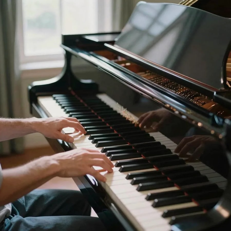 Two hands playing a grand piano beside a bright window, the raised lid and polished keys throwing soft reflections
