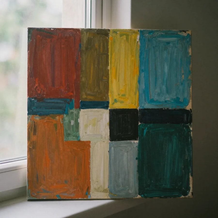 A square canvas of blocky, brightly coloured abstract brushwork propped on a windowsill in the daylight