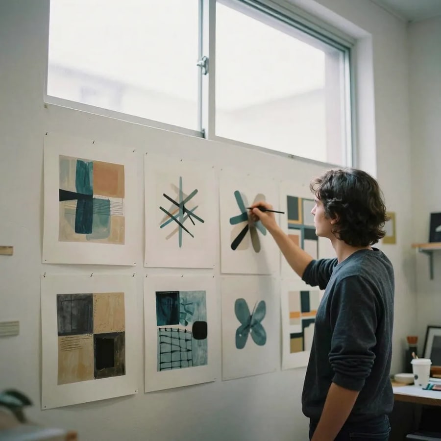 A designer at a wall of eight square abstract prints pinned in a grid, brush raised to one of them under a bright studio window