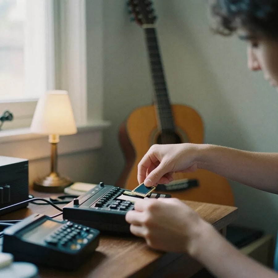 A musician at a home desk sliding a memory card into a small desktop sampler, an acoustic guitar propped against the wall behind them under a warm lamp