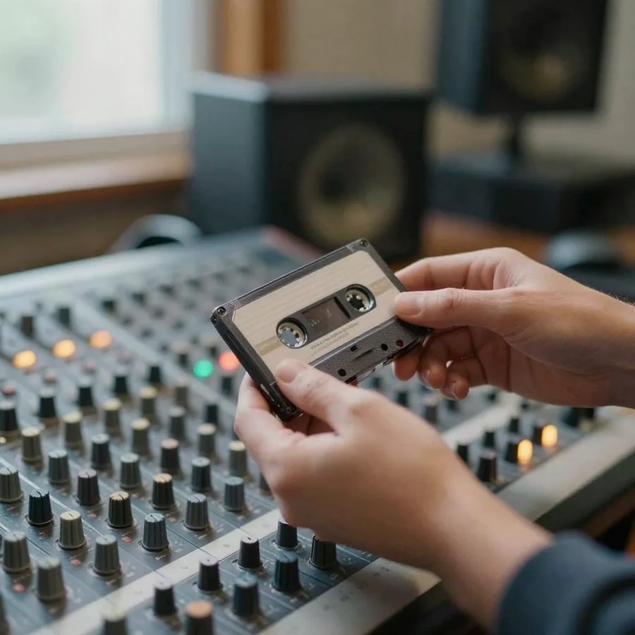 Two hands holding a cassette tape above a large mixing console, its channel lights glowing, studio monitors out of focus behind
