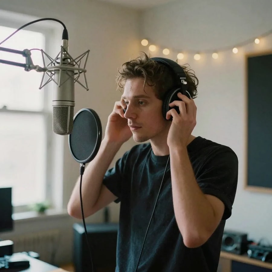 A singer in a bedroom studio settling headphones over his ears in front of a suspended condenser microphone and pop filter, string lights blurred on the wall