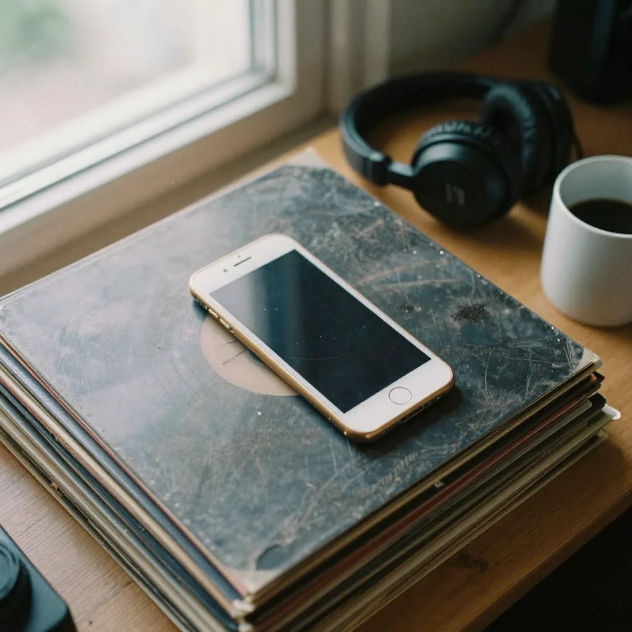 A phone resting face up with its screen dark on a stack of vinyl record sleeves, beside over-ear headphones and a mug of coffee on a desk by a window