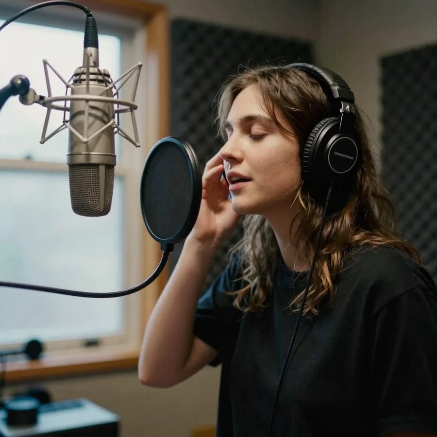 A singer in closed-back headphones leaning into a shock-mounted condenser microphone behind a pop filter in a foam-lined booth, eyes closed