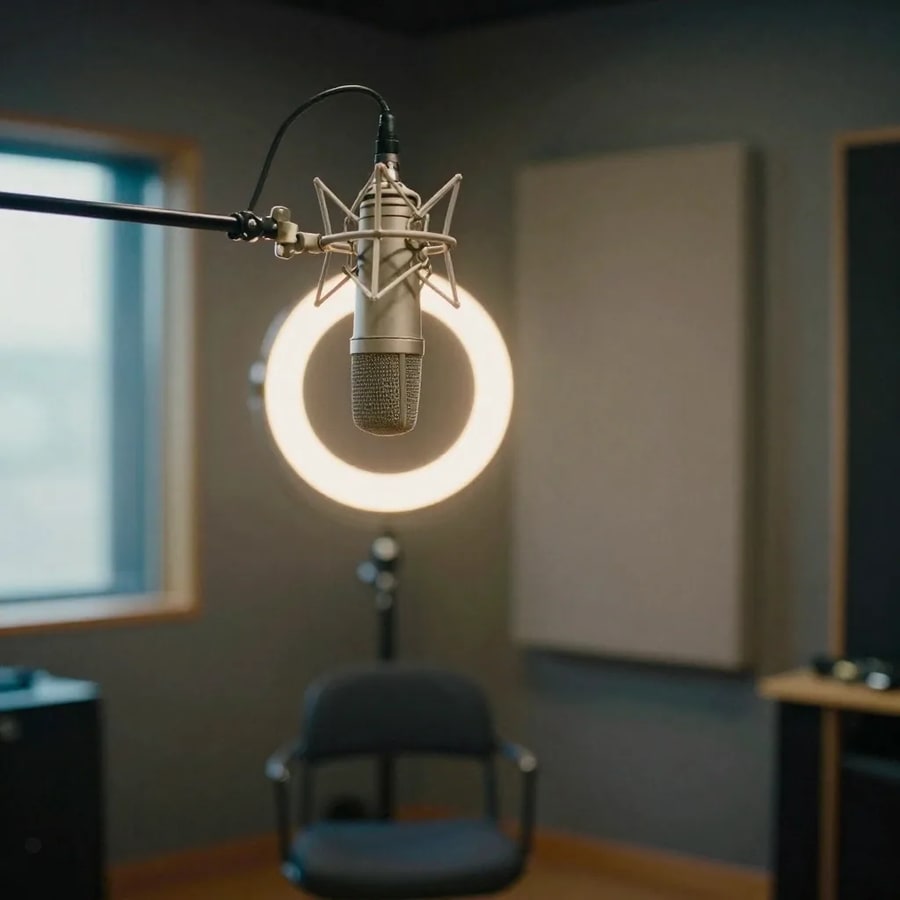 A silver condenser microphone on a boom arm in front of a warm ring light, an empty chair and an acoustic panel behind it in a small recording booth