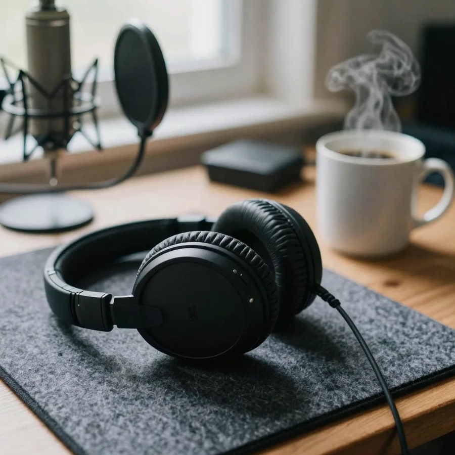Black over-ear headphones resting on a felt desk pad beside a pop filter and a steaming mug of coffee in a window-lit home studio