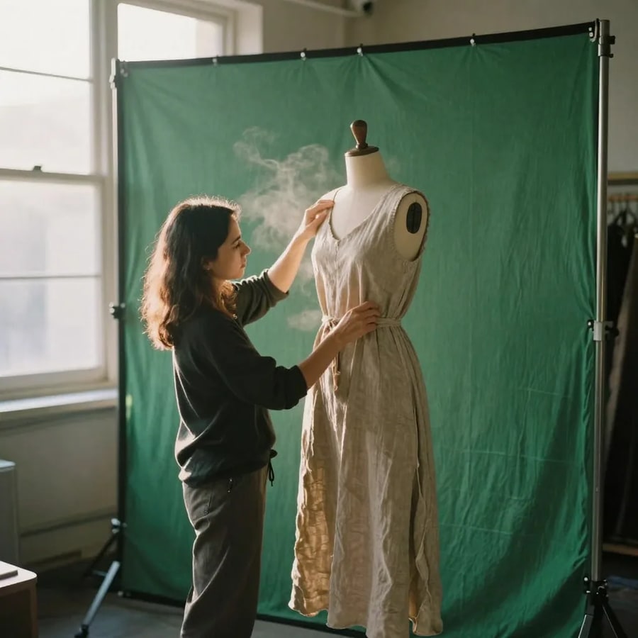A stylist steaming a linen dress on a mannequin in front of a large green-screen backdrop, daylight from a window to the left