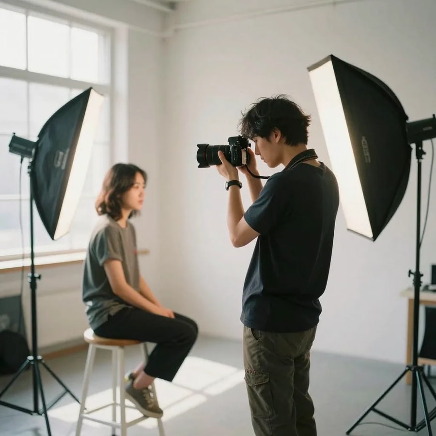 A photographer shooting a seated subject in a daylit studio between two softboxes — the reshoot you cannot book again once the moment has passed