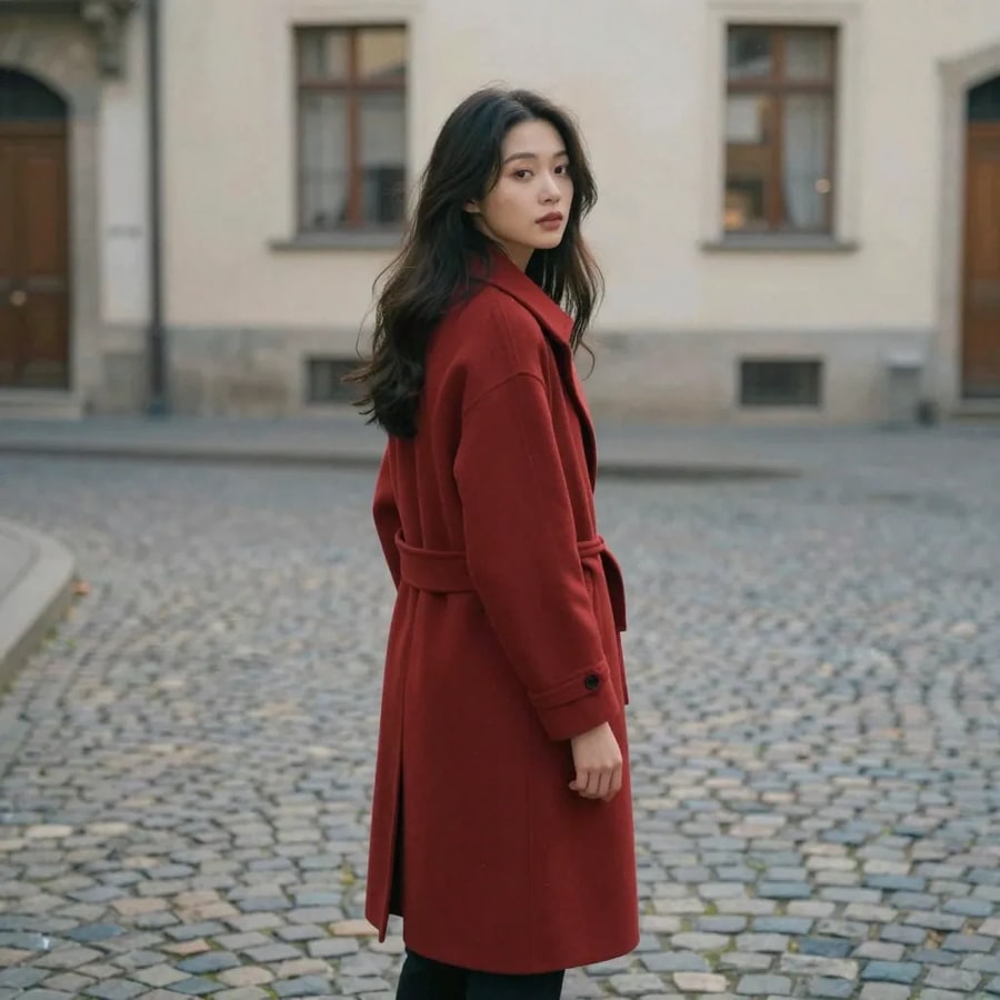 A woman in a deep-red belted wool coat standing on a cobblestone square, her body turned away from the camera while her head turns back over her shoulder, a pale plaster building with tall wood-framed windows and a dark wooden door behind her