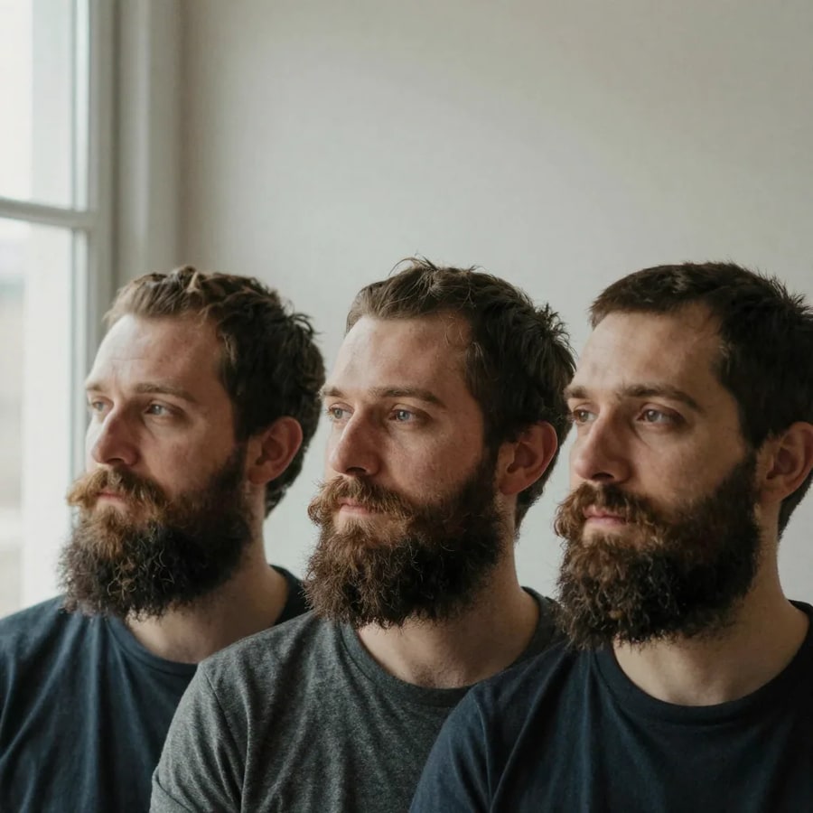 The same bearded man repeated three times across one frame, each copy turned a little further toward the camera — profile, three-quarter, near-frontal — all in plain crew-neck t-shirts against a pale wall beside a tall window