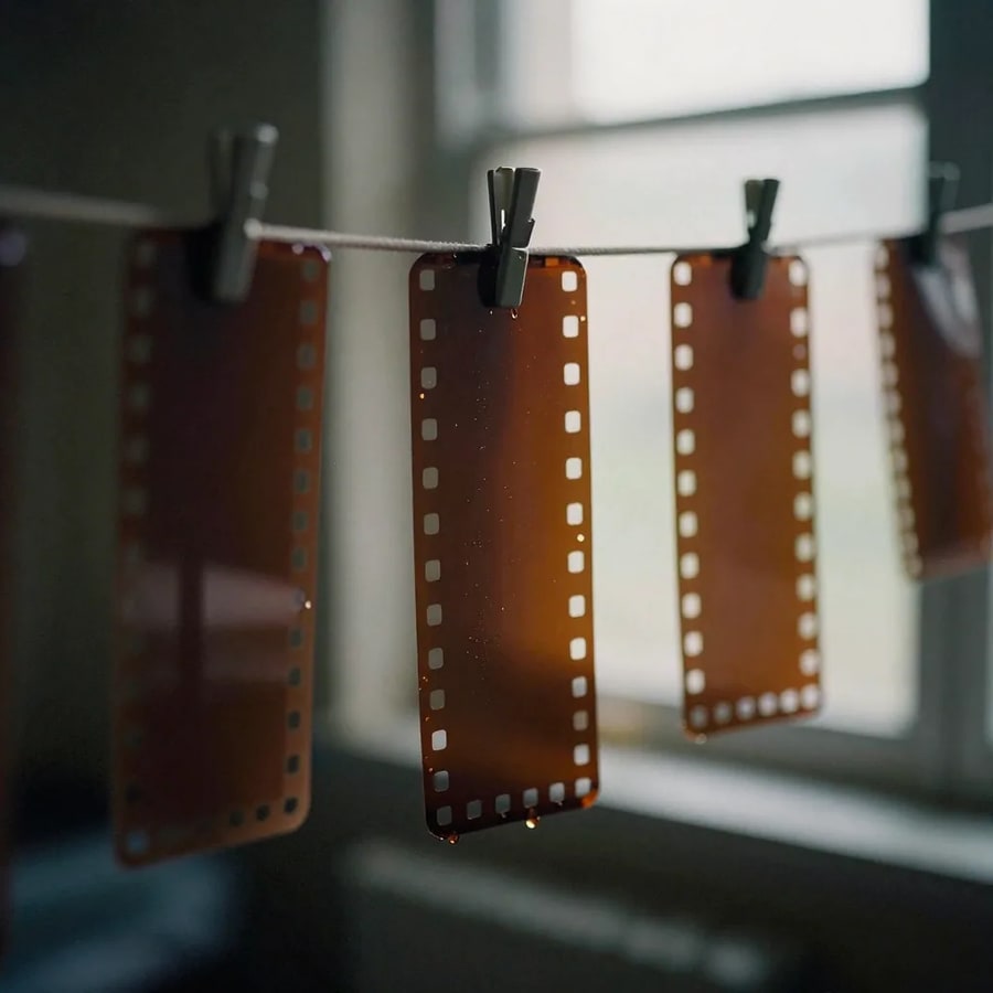 Strips of exposed film hanging to dry on a darkroom clothesline, droplets on the emulsion and deep amber shadows with analog grain