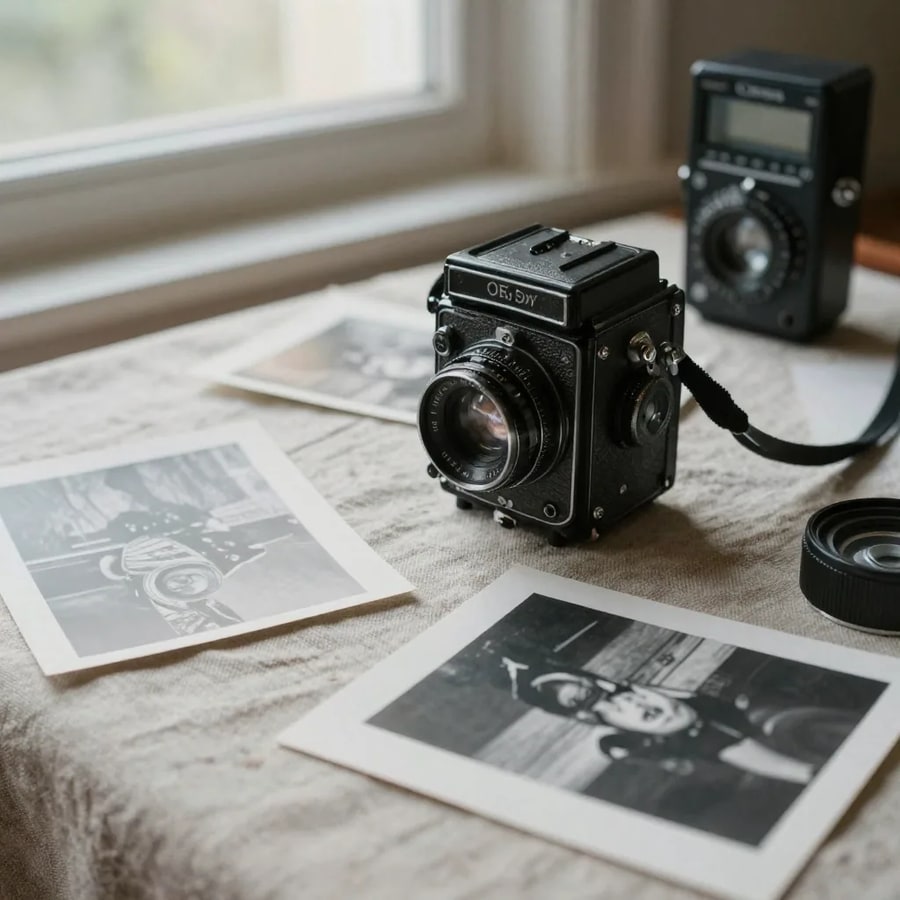 A twin-lens reflex camera, a light meter, and scattered black-and-white prints on rough linen, raking side light revealing sensor-grain detail