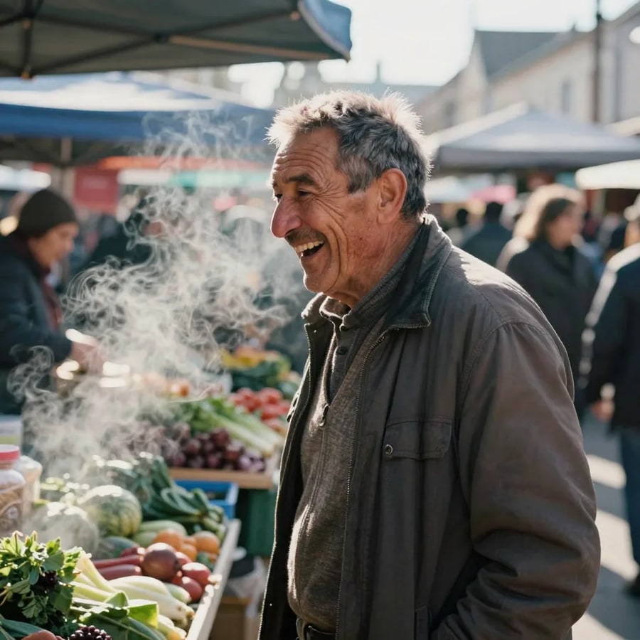 An older man in a worn jacket laughing in the sun at a farmers market, steam drifting up from a food stall past crates of vegetables