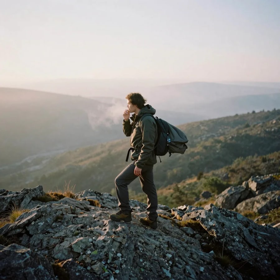 A hiker in a green shell jacket and backpack pausing on a rocky ridgeline at sunrise, breath visible in the cold air and mist filling the valley below