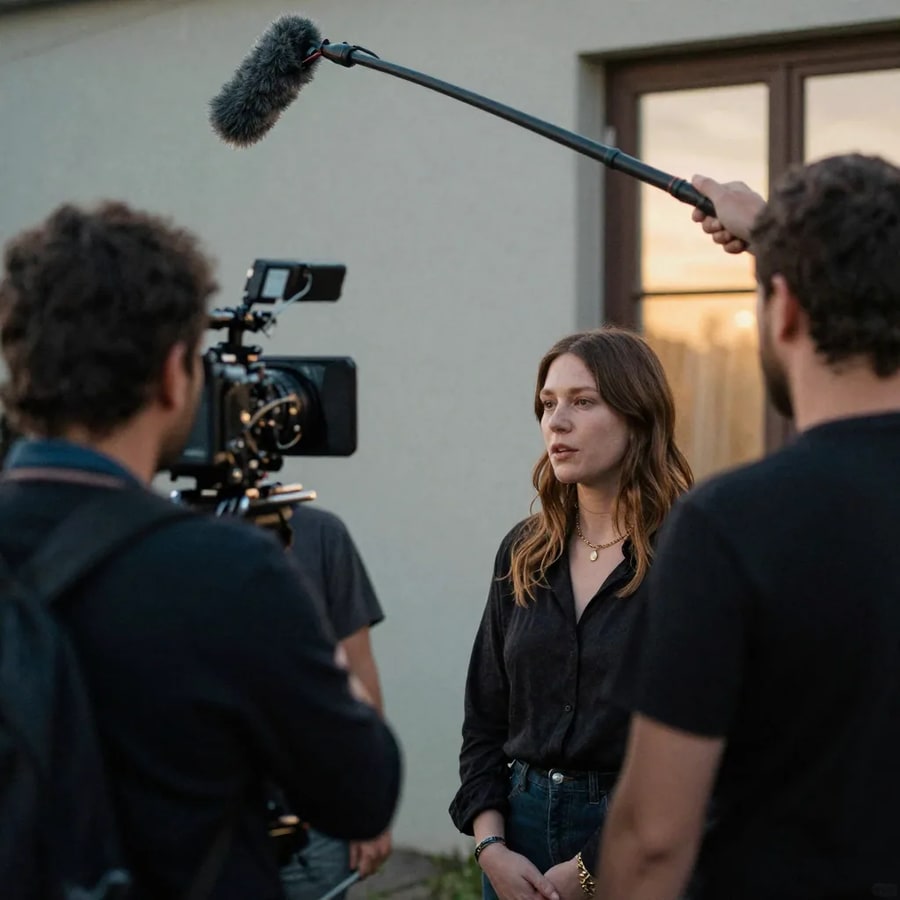 A small film crew records a woman speaking to camera outside at golden hour, a boom microphone held just above her — the shoot you only pay for once before dubbing it into other languages