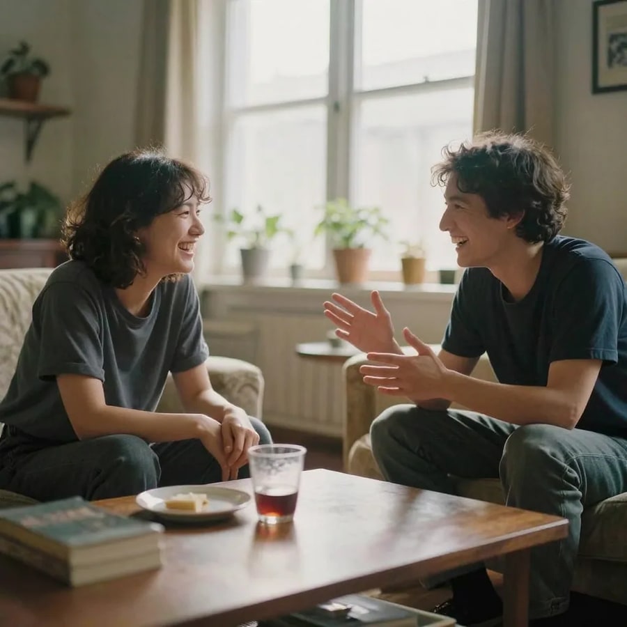 Two people laugh mid-conversation across a coffee table in a sunlit living room — the kind of natural, hands-free listening a dubbed track preserves and subtitles interrupt