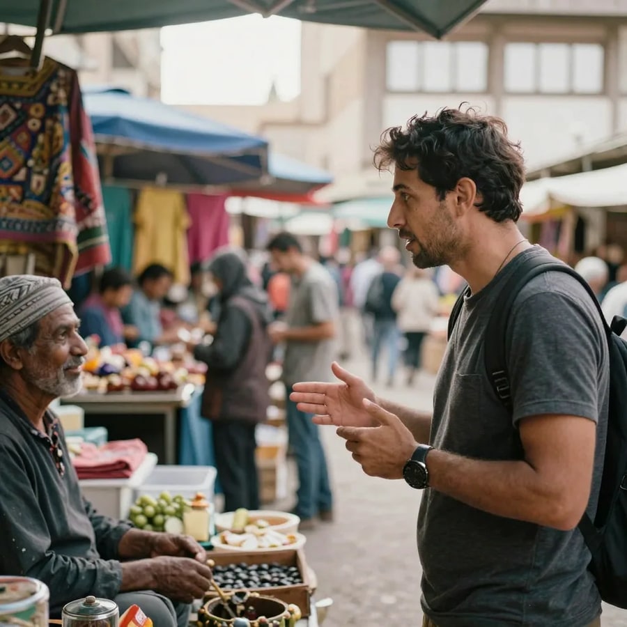 A traveller with a backpack talks with a stallholder at a busy outdoor market, gesturing mid-explanation — one message landing in another market’s language