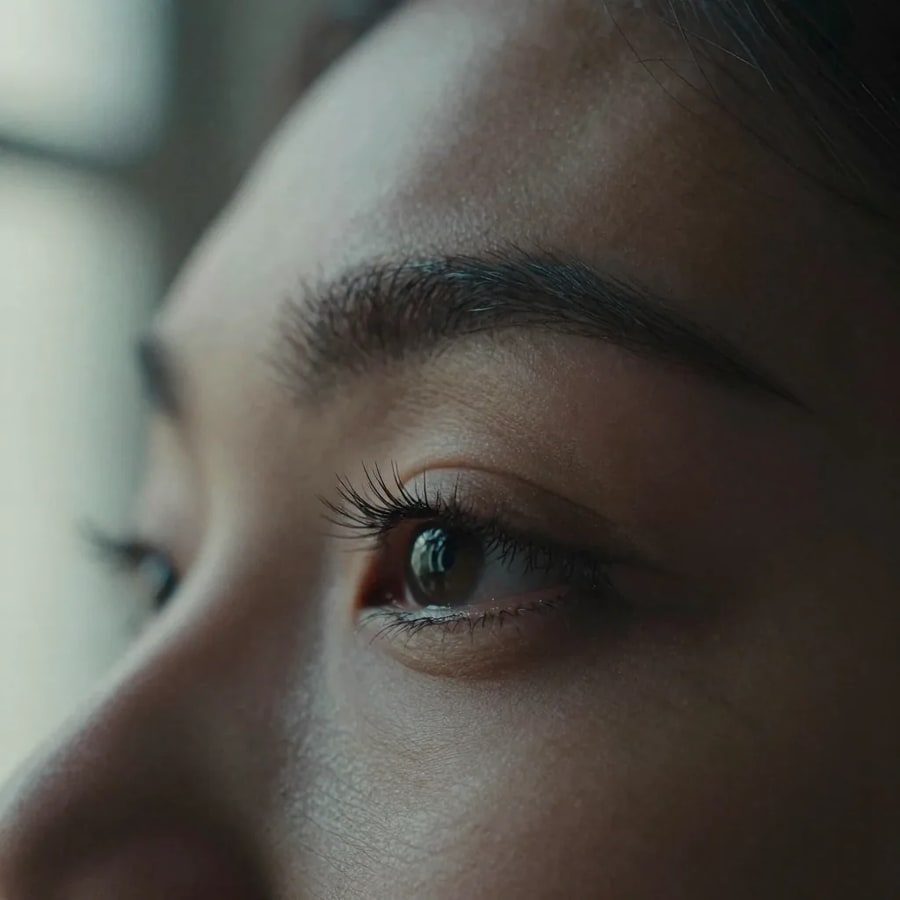 Macro close-up of an eye and eyebrow, lashes and a bright catchlight sharply resolved against soft window light