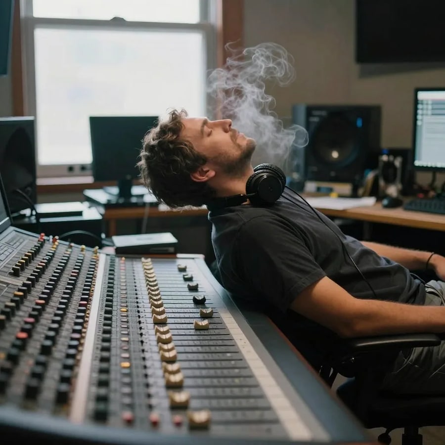An editor leaning back at a wide mixing console in a dim studio, headphones round his neck and monitor speakers either side of him