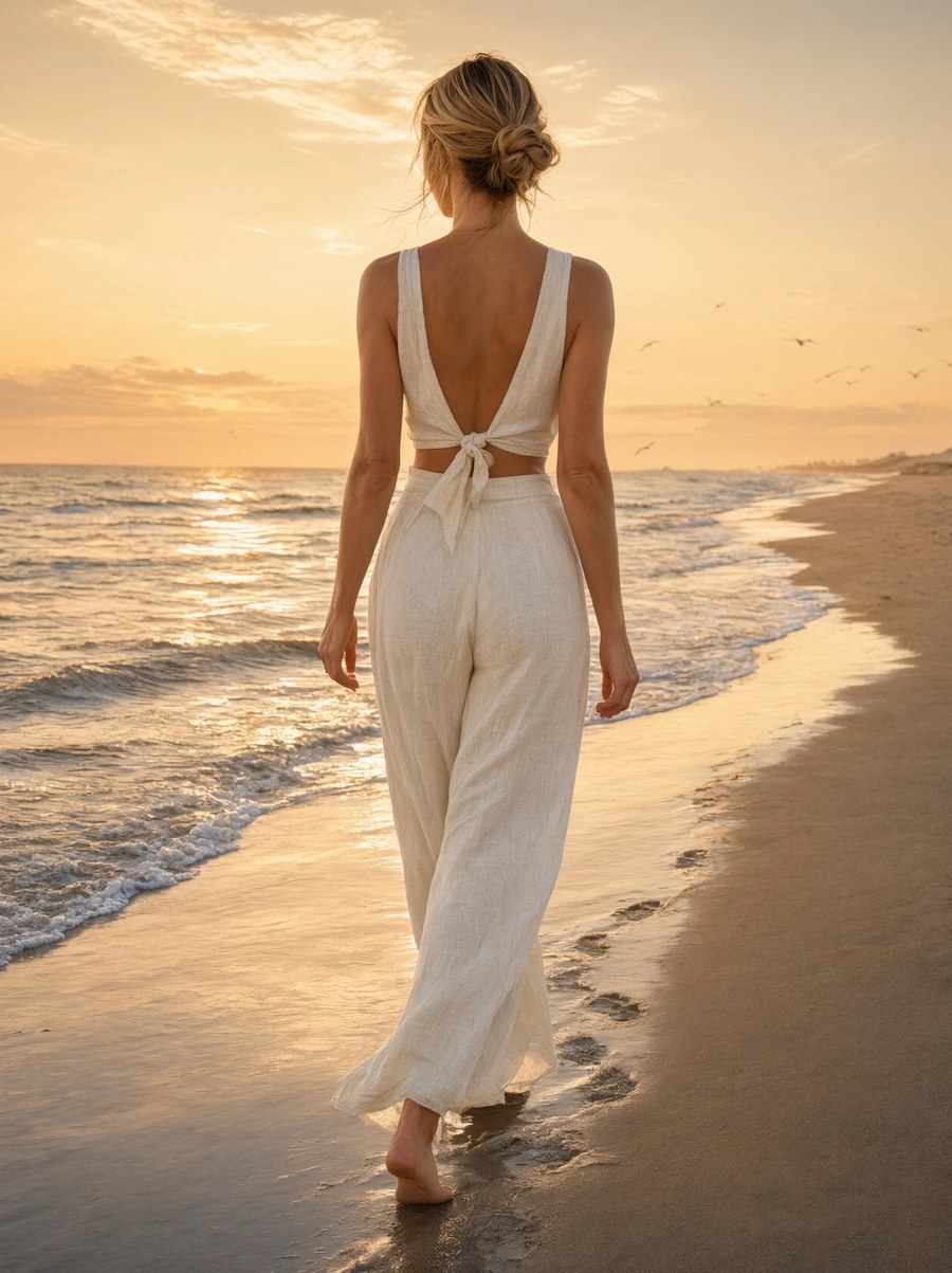 Cream linen crop and palazzo pants generated onto a waterline walk