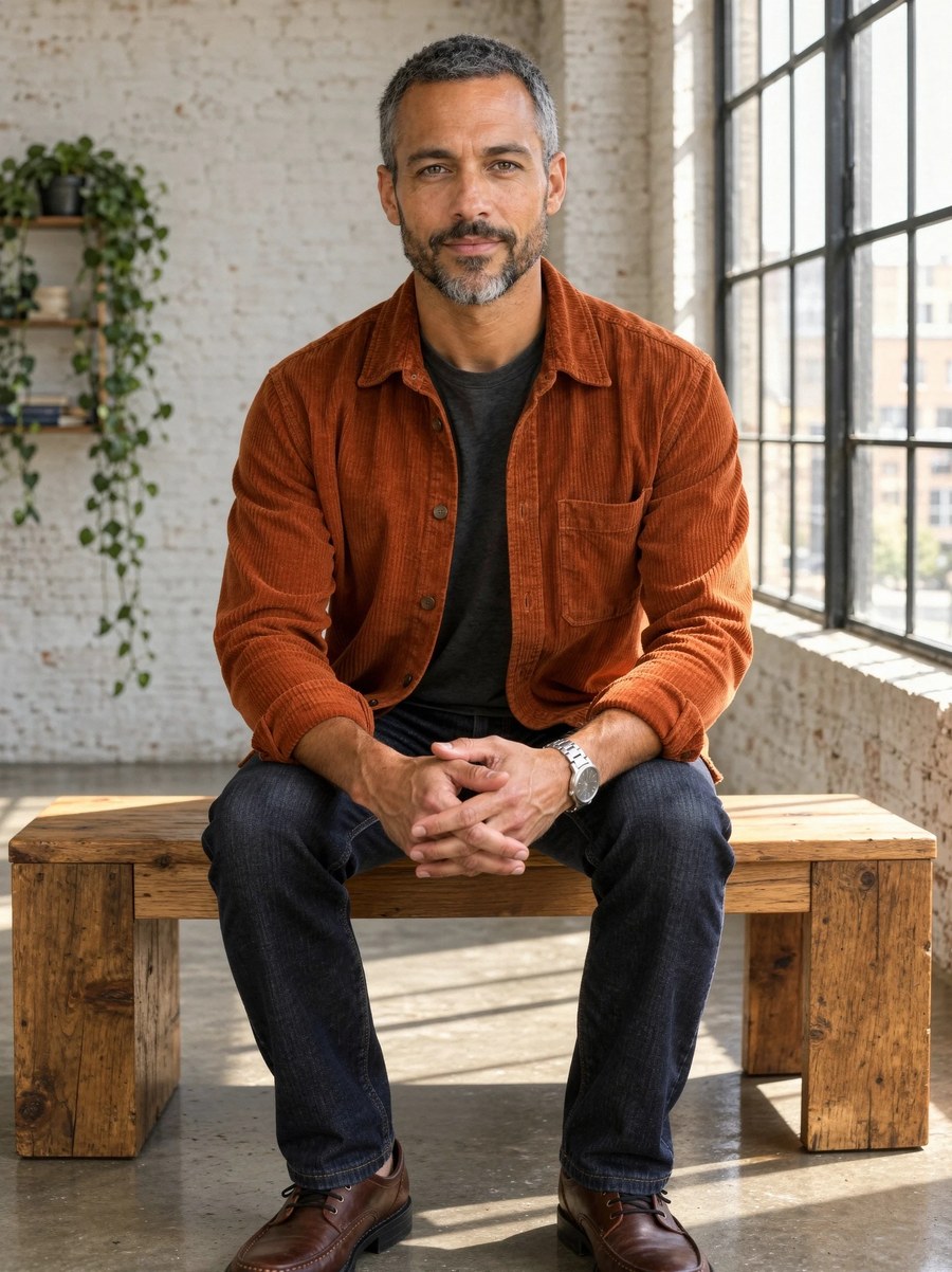 A grey-haired man with a beard in a rust corduroy overshirt, charcoal t-shirt and dark jeans, seated on a wooden bench in a sunlit brick loft