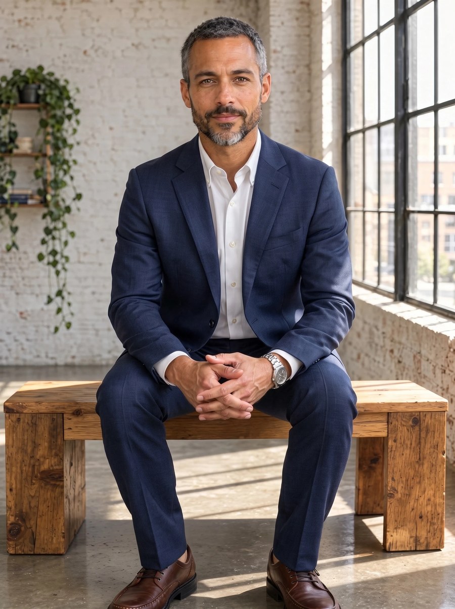 The same man, pose, bench and loft, now wearing a tailored navy suit with a white open-collar shirt and brown leather shoes