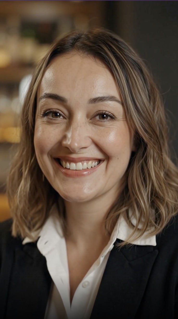 The source photo: one woman in a black blazer over a white shirt, smiling straight at the lens in a softly lit interior
