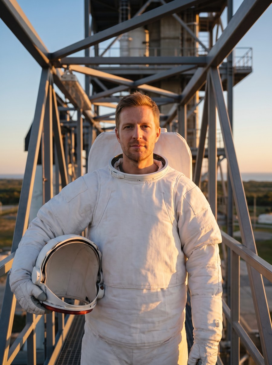 A photograph of that same man that was never taken — standing in a plain unmarked white spacesuit with the helmet under his arm, on a steel launch gantry at sunrise