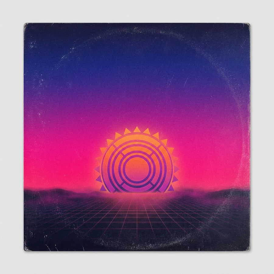 A square synthwave album cover: a geometric sun low over a grid horizon, indigo shading into magenta, no lettering