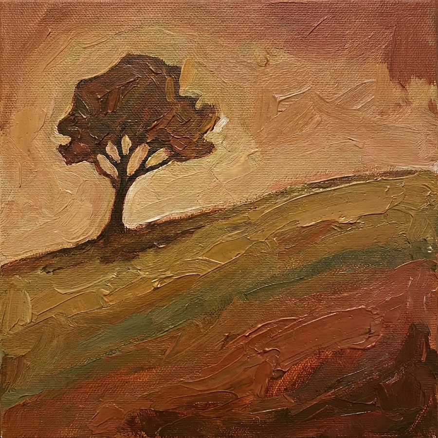 A square folk album cover painted in warm earth tones, a lone tree on a hillside with visible brush and canvas texture, no lettering