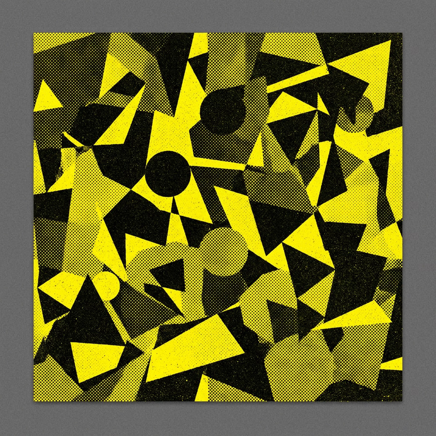 A square hip-hop album cover in high-contrast black and acid yellow, overlapping geometric shapes with a halftone print texture, no lettering