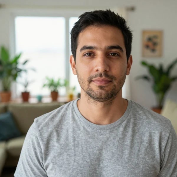 A man photographed head-on in a bright living room, with houseplants on the windowsill, a sofa and a framed print behind him