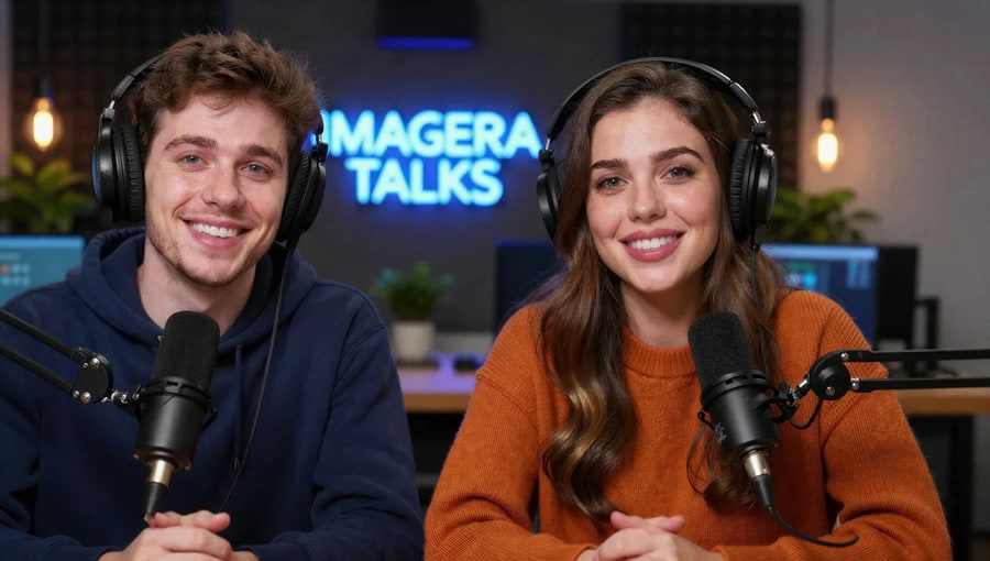 The still the episode is generated from: two co-hosts in headphones behind boom-mounted studio microphones, under a blue neon studio sign