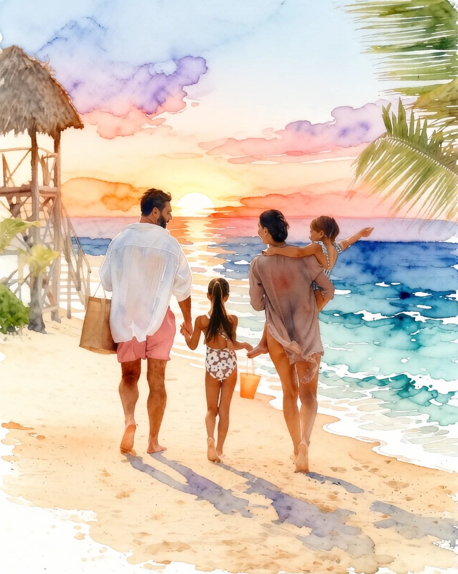 The same scene as a watercolor: translucent washes, bleeding sunset colors and white paper showing through, with the family in the same arrangement