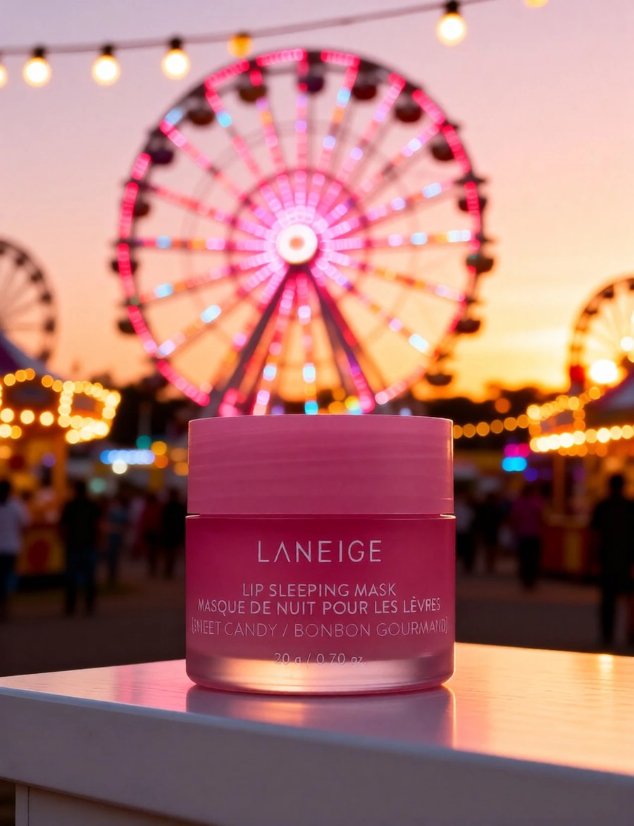 The same jar on a white ledge in front of a fairground Ferris wheel lit up at sunset, brand name and product line still reading clearly at this size