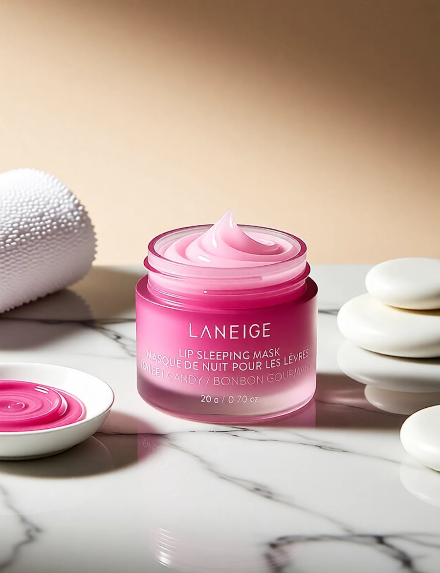 The same jar on white marble against a warm beige backdrop — but rendered with no lid at all, the balm swirled up out of the open jar and more of it swirled into a small dish beside it, none of which the prompt asked for