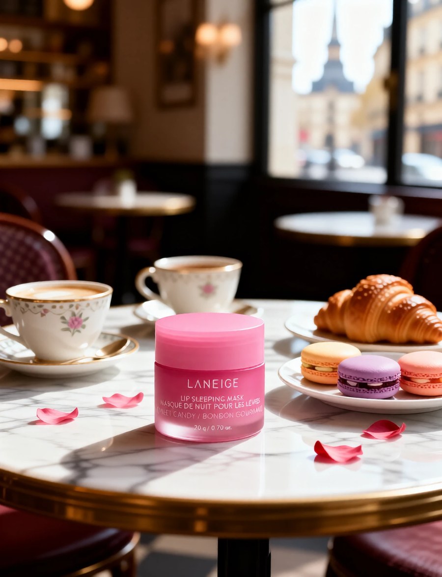 The same jar on a marble café table in a Parisian patisserie, beside a cappuccino, a croissant and pastel macarons
