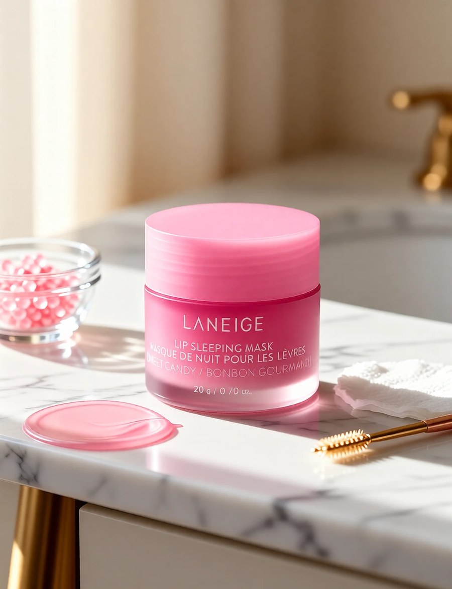 The same jar on a white marble bathroom vanity with a gold tap and a bowl of pink pearls — the brand name is crisp, the smallest line under it has gone soft in the re-render