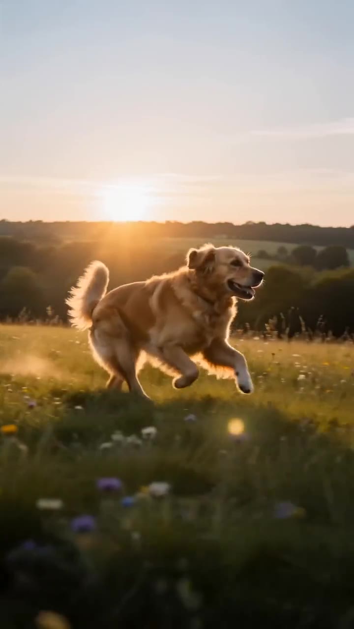 A second reel built from the same photograph, in a punchier style: the same retriever mid-stride across a wildflower meadow with all four paws off the ground and motion blur through the grass