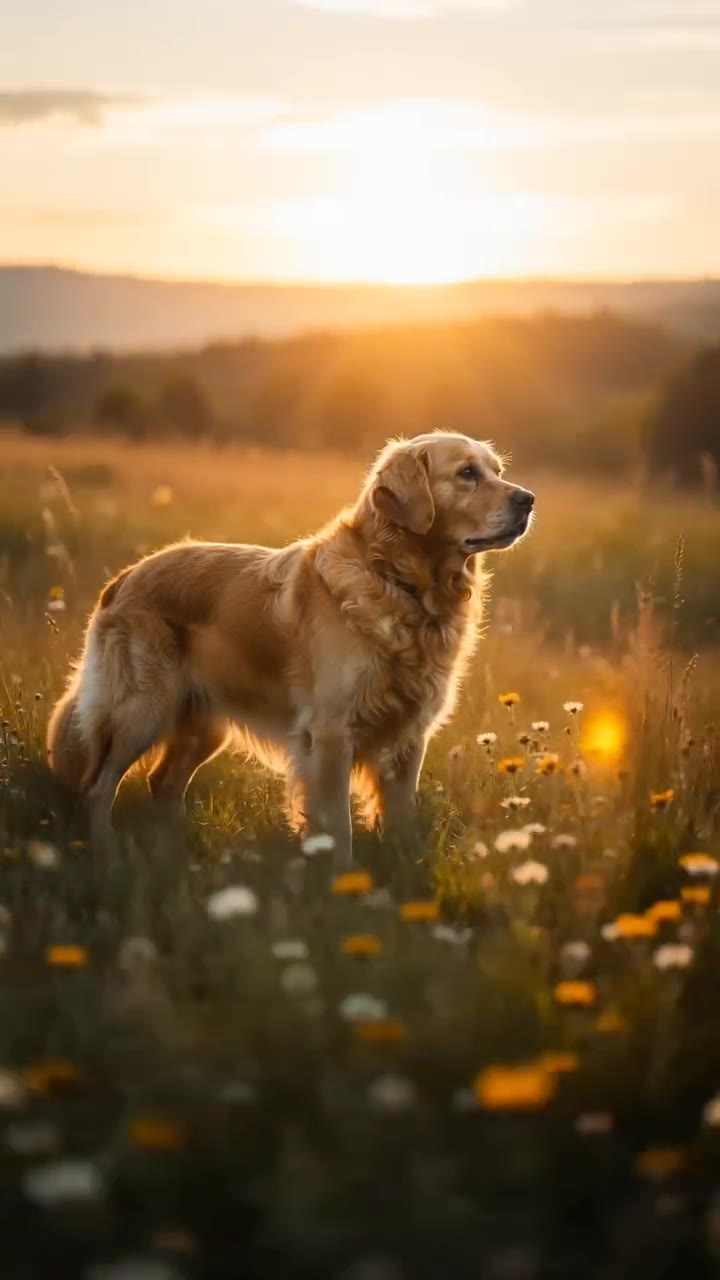 A third reel from the same photograph, in a soft floating style: the same retriever standing in profile among daisies and dandelions in hazy low sun